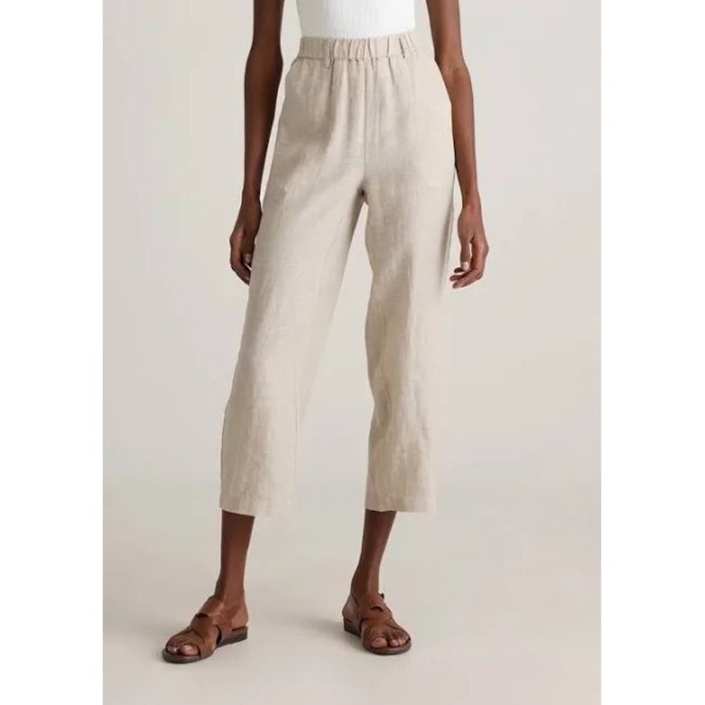 Quince Women Oatmeal 100% European Linen Crop Pants Elastic Waist Beige XS